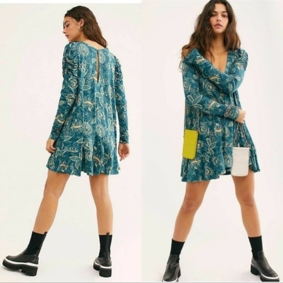 FREE PEOPLE Blue Floral Ruched Long Sleeve Mini Tunic Dress XS - Picture 6 of 14
